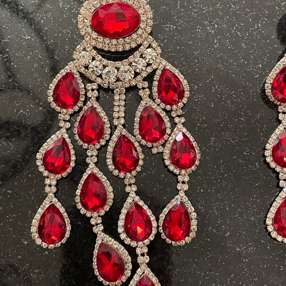 Statement Ruby Red Chandelier Earrings Pierced Princess Indian Aesthetic - Picture 3 of 4